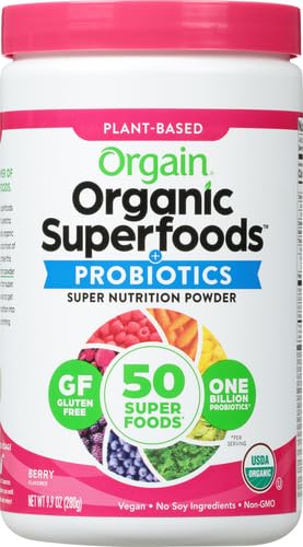 Orgain Organic Greens Powder + 50 Superfoods, Berry - 1 Billion Probiotics for Gut Health, Antioxidants, Vegan, Plant Based, Gluten Free, Non GMO, Dairy Free Juice & Smoothie Mix - 0.62lb