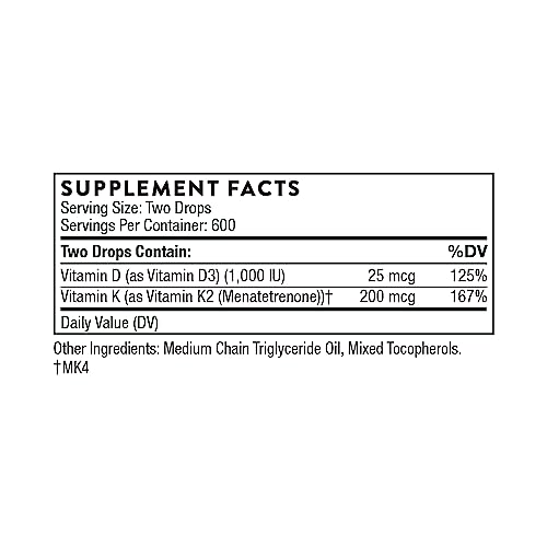 THORNE Vitamin D + K2 Liquid with a metered Dispenser - Vitamins D3 and K2 to Support Healthy Bones and Muscles* - 1 Fl Oz (30 ml) - 600 Servings