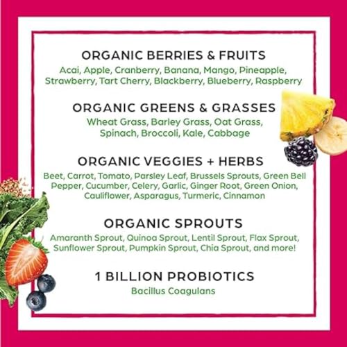 Orgain Organic Greens Powder + 50 Superfoods, Berry - 1 Billion Probiotics for Gut Health, Antioxidants, Vegan, Plant Based, Gluten Free, Non GMO, Dairy Free Juice & Smoothie Mix - 0.62lb