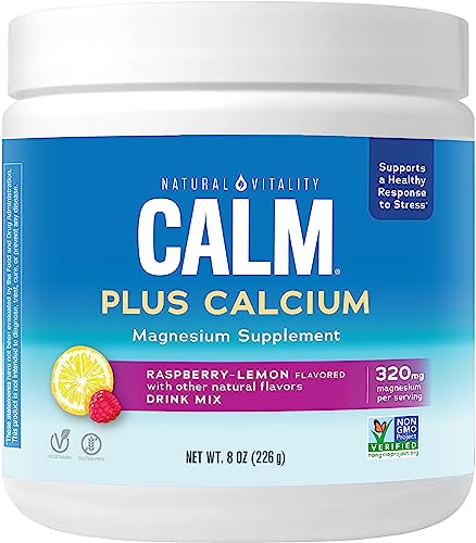 Natural Vitality CALM Magnesium Supplement Drink Mix Plus Calcium, Anti-Stress Drink Mix Powder, With Calcium, Vegetarian & Non-GMO, Raspberry Lemon, 8 oz