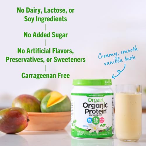 Orgain Organic Vegan Protein Powder, Vanilla Bean - 21g Plant Based Protein, Gluten Free, Dairy Free, Lactose Free, Soy Free, No Sugar Added, Kosher, For Smoothies & Shakes - 1.02lb