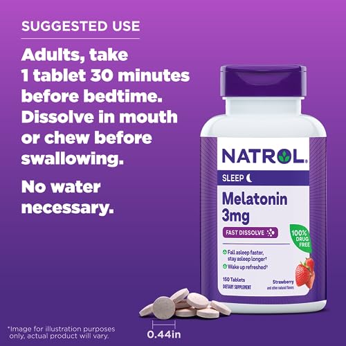 Natrol Melatonin 3mg, Strawberry-Flavored Dietary Supplement for Restful Sleep, 150 Fast-Dissolve Tablets, 150 Day Supply