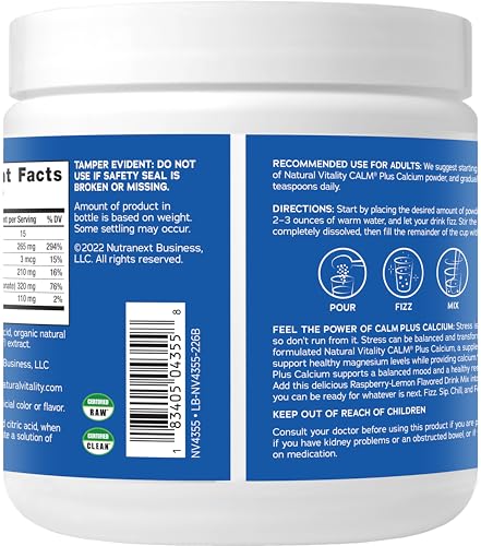 Natural Vitality CALM Magnesium Supplement Drink Mix Plus Calcium, Anti-Stress Drink Mix Powder, With Calcium, Vegetarian & Non-GMO, Raspberry Lemon, 8 oz