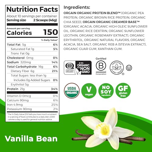 Orgain Organic Vegan Protein Powder, Vanilla Bean - 21g Plant Based Protein, Gluten Free, Dairy Free, Lactose Free, Soy Free, No Sugar Added, Kosher, For Smoothies & Shakes - 2.03lb