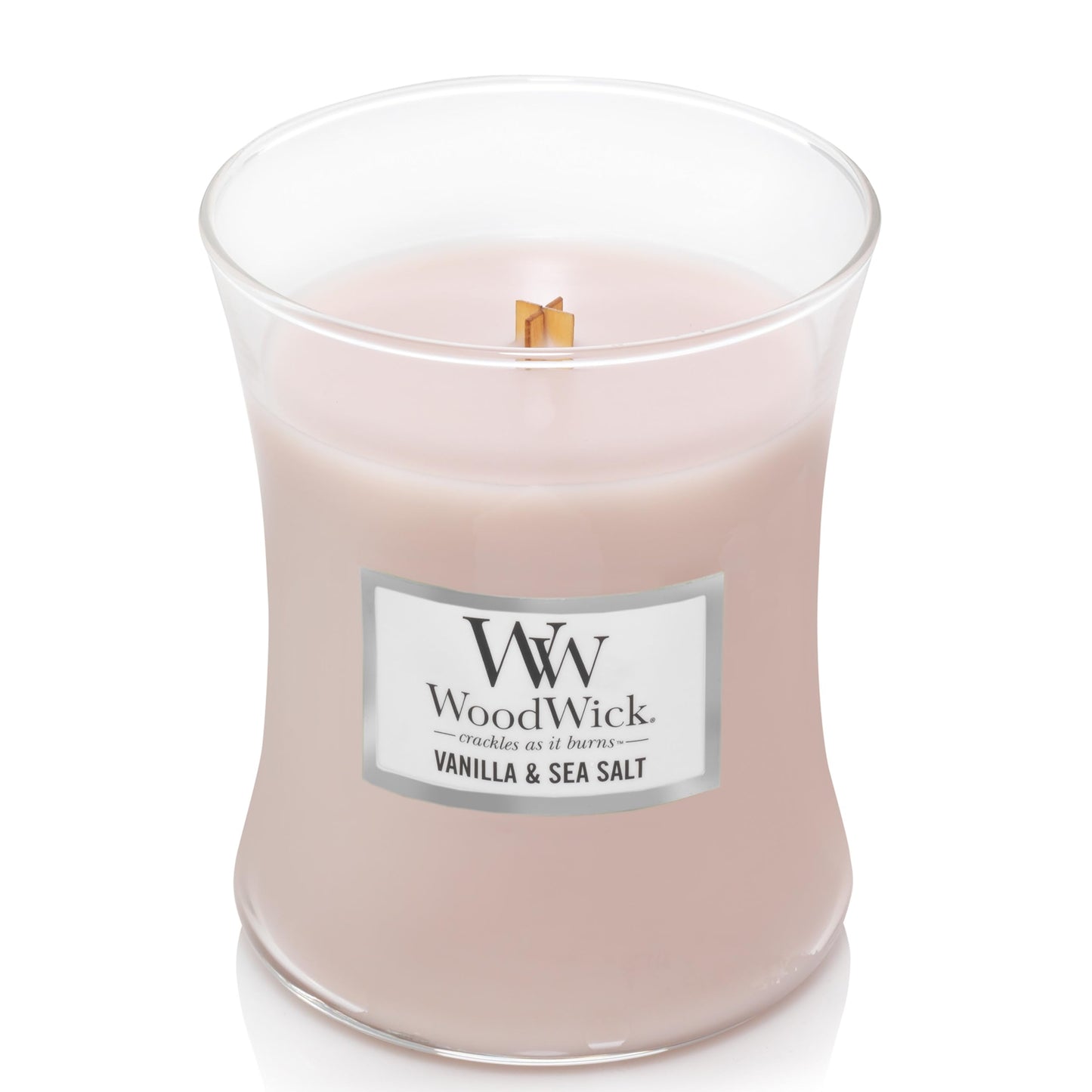 WoodWick Medium Hourglass Candle, Vanilla Sea Salt - Premium Soy Blend Wax, Pluswick Innovation Wood Wick, Made in USA