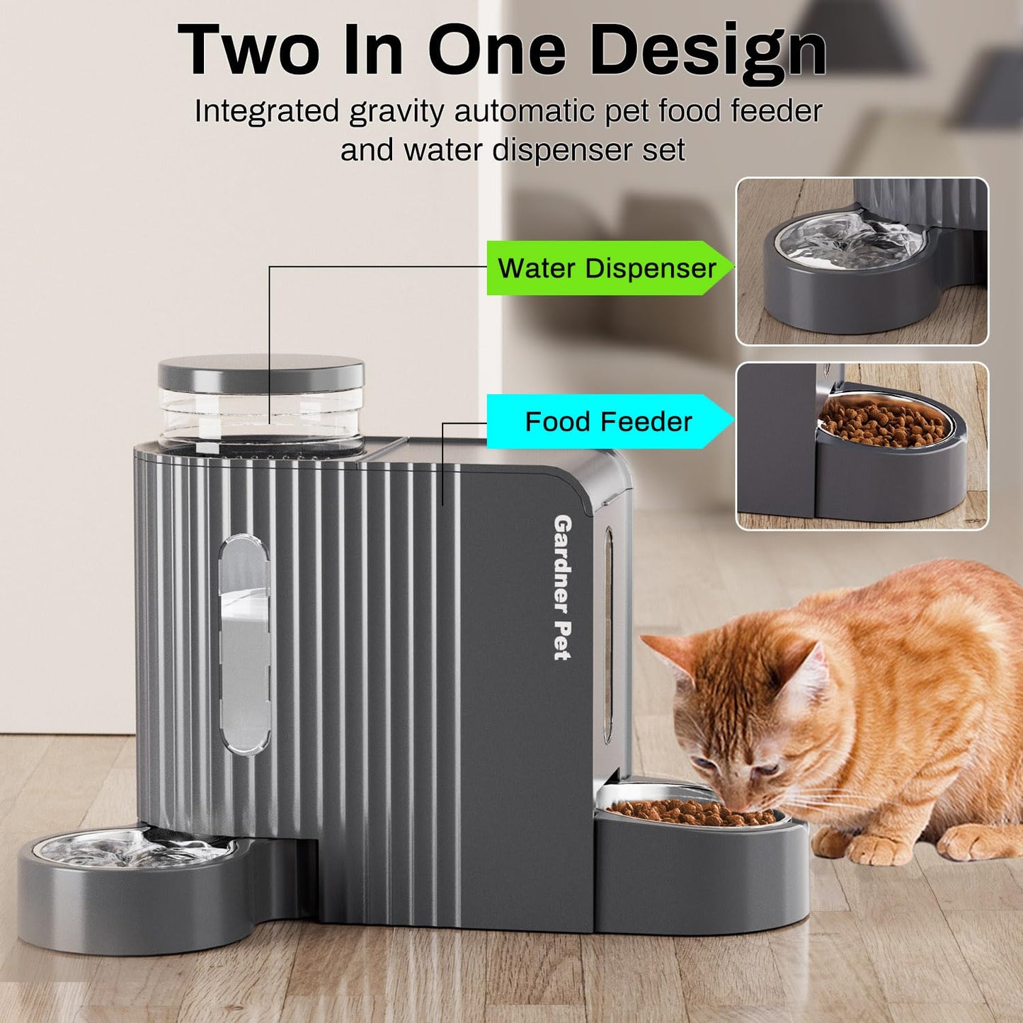 Gardner Pet Automatic Gravity Cat Food Feeder and Water Dispenser Stainless Steel Two-in-One Set Large Capacity Dispenser for Pets Dogs, Puppies, Kittens, Rabbits