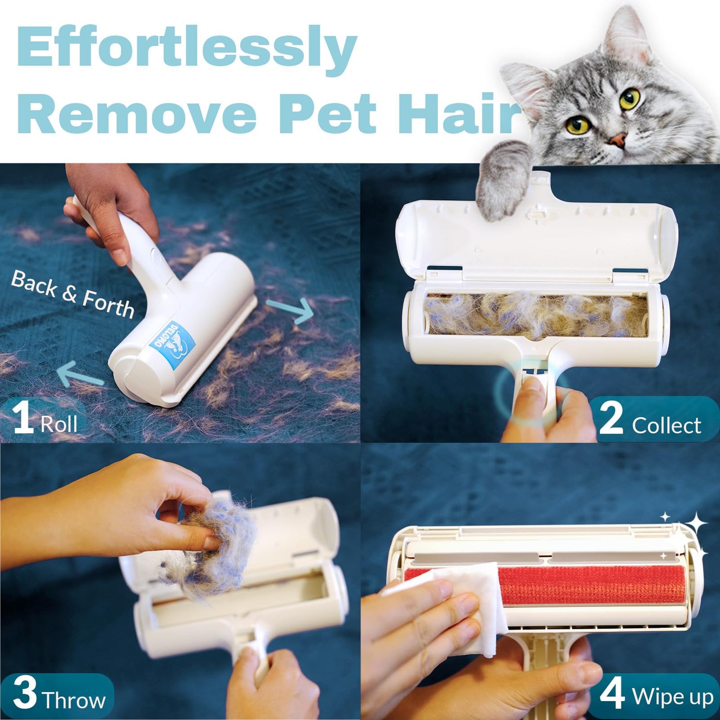 DELOMO Pet Hair Remover - Lint Roller for Pet Hair - Cat and Dog Hair Remover for Couch, Furniture, Carpet, Car Seat, Reusable Roller W/Self-Cleaning Base - Upgraded Animal Fur Removal Tool