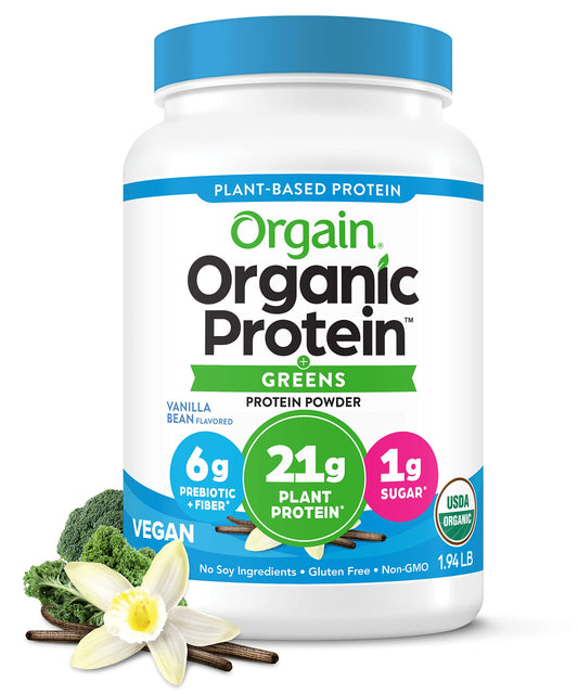 Orgain Organic Vegan Protein Powder + Greens, Vanilla Bean - 21g Plant Based Protein, Gluten Free, Dairy Free, Lactose Free, Soy Free, No Sugar Added, With Iron & Prebiotics for Gut Health - 1.94lb