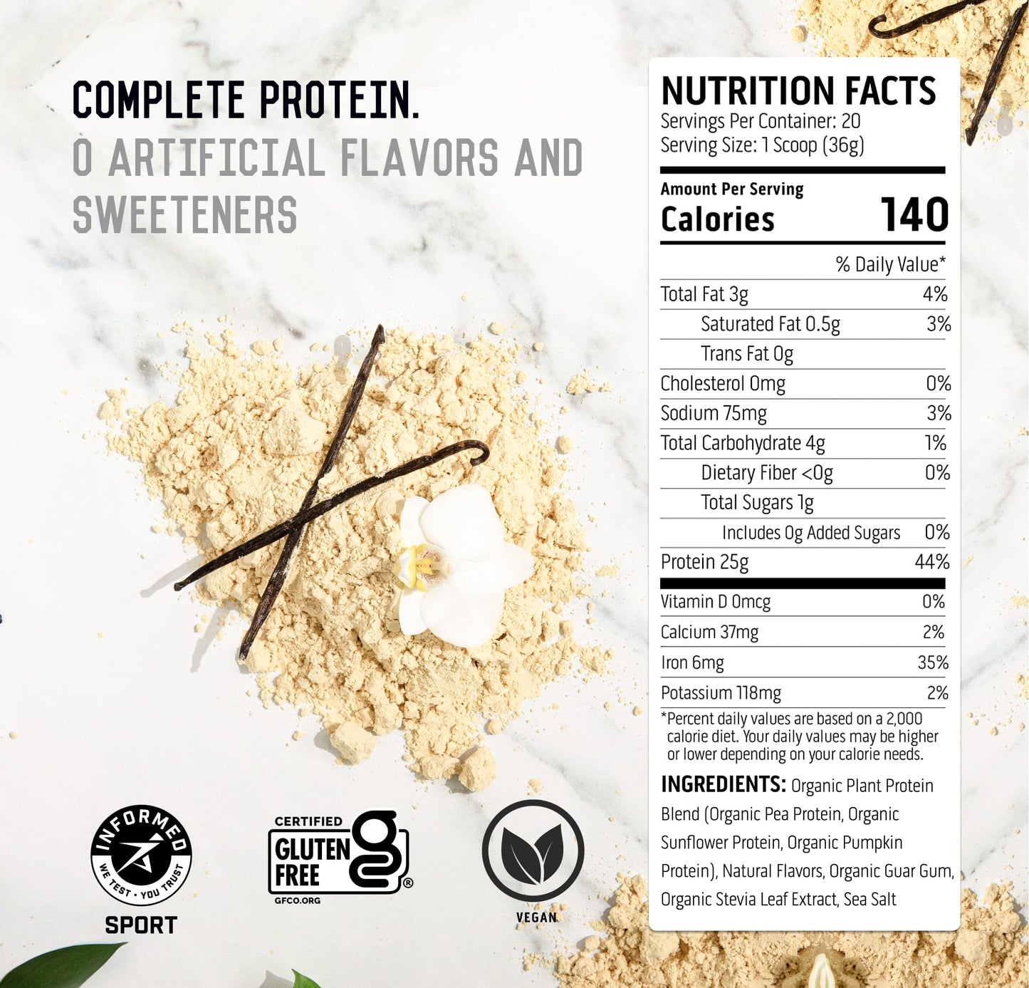 Ascent Plant Based Protein Powder - Non Dairy Vegan Protein, Zero Artificial Ingredients, Soy & Gluten Free, No Added Sugar, 4g BCAA, 2g Leucine - Vanilla, 20 Servings